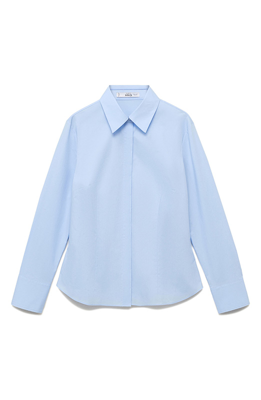 蓝色修身弹力府绸纽扣衬衫