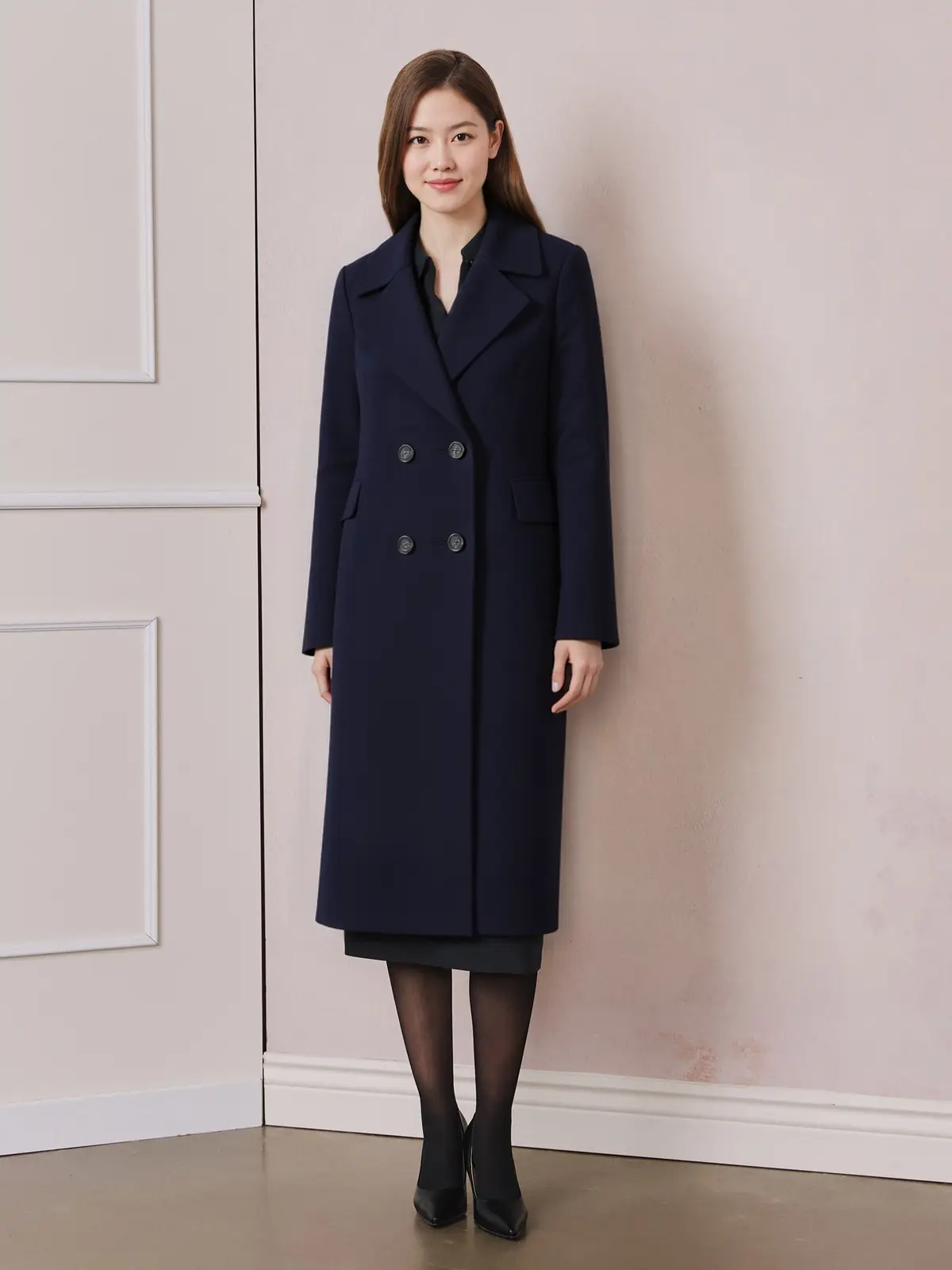 宽松羊毛双排扣手工大衣(深海军蓝)