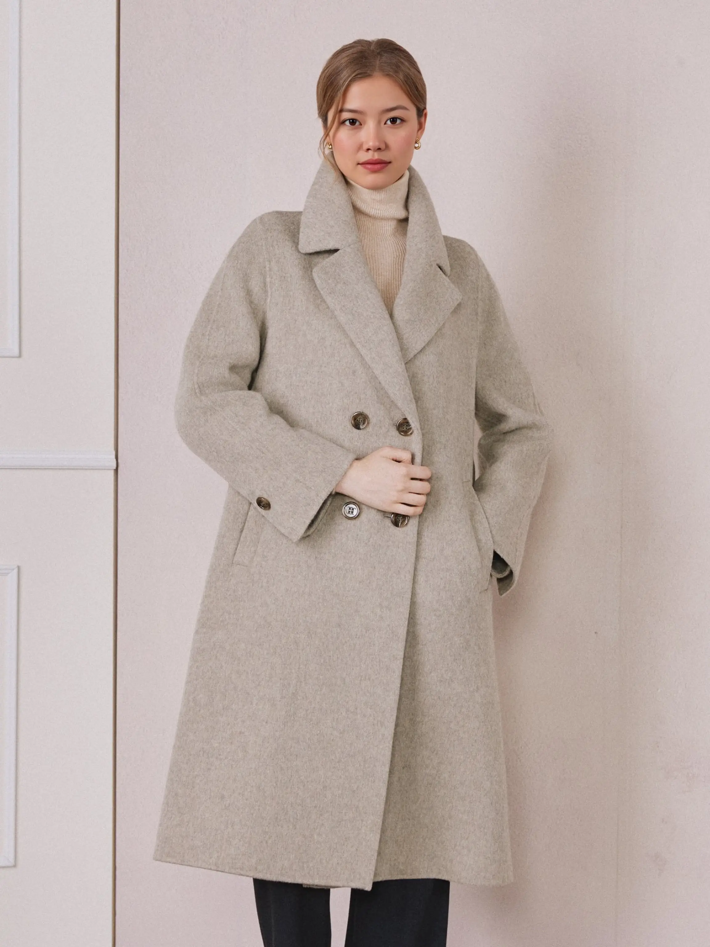 宽松羊毛双排扣手工大衣(浅卡其色)