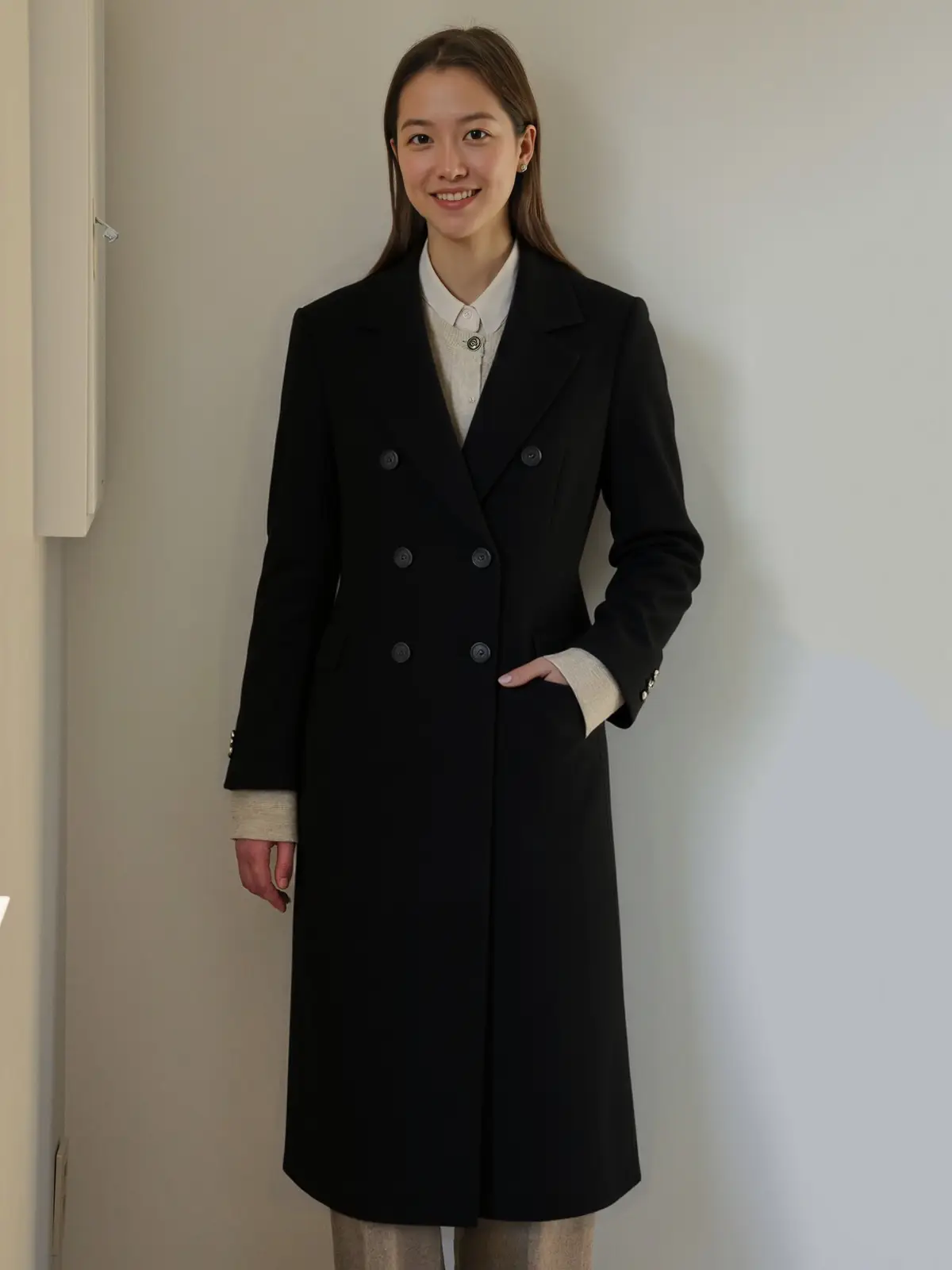 双排扣长款手工大衣(黑色)