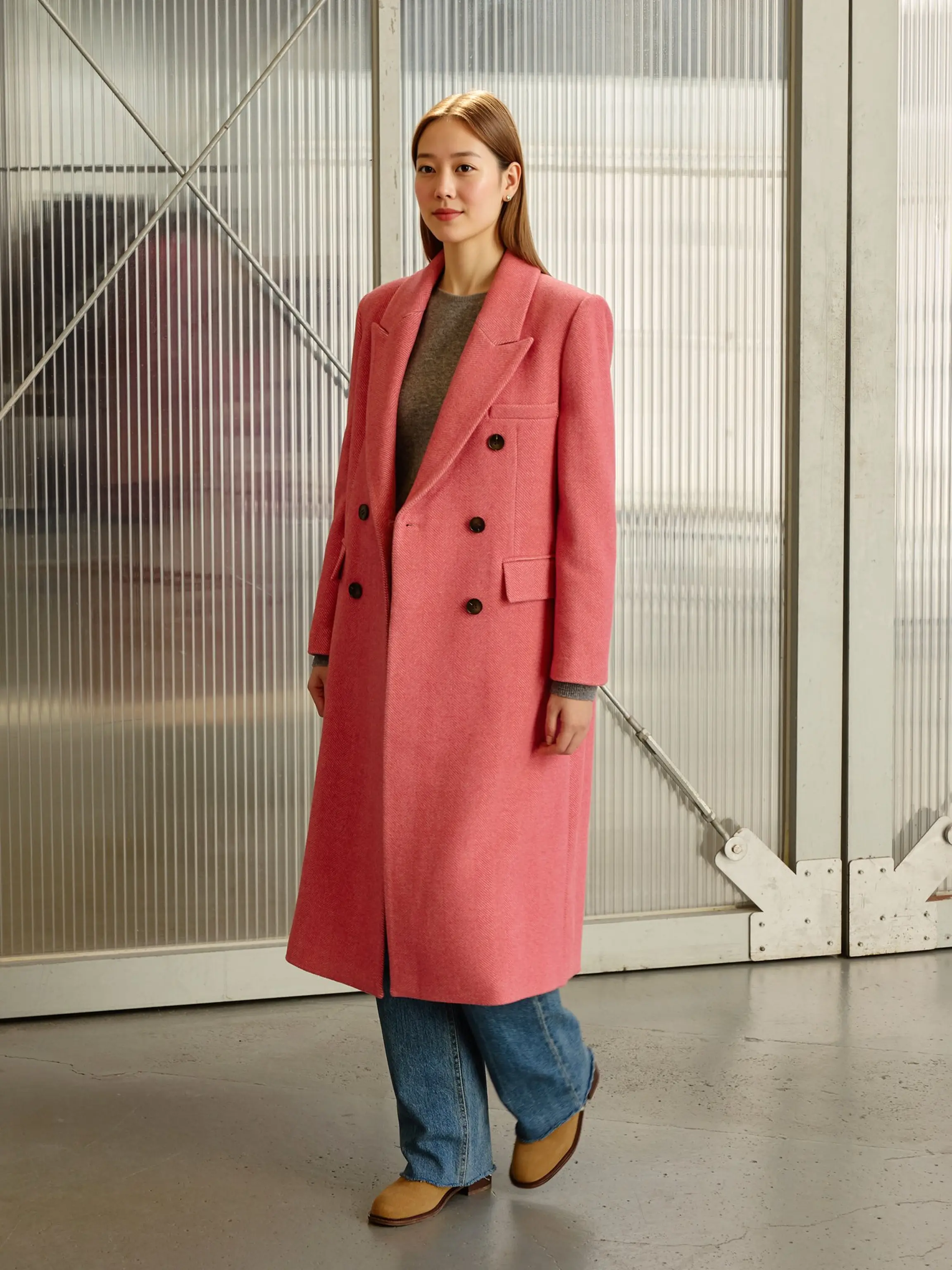 羊绒人字纹双层长款大衣(粉色)