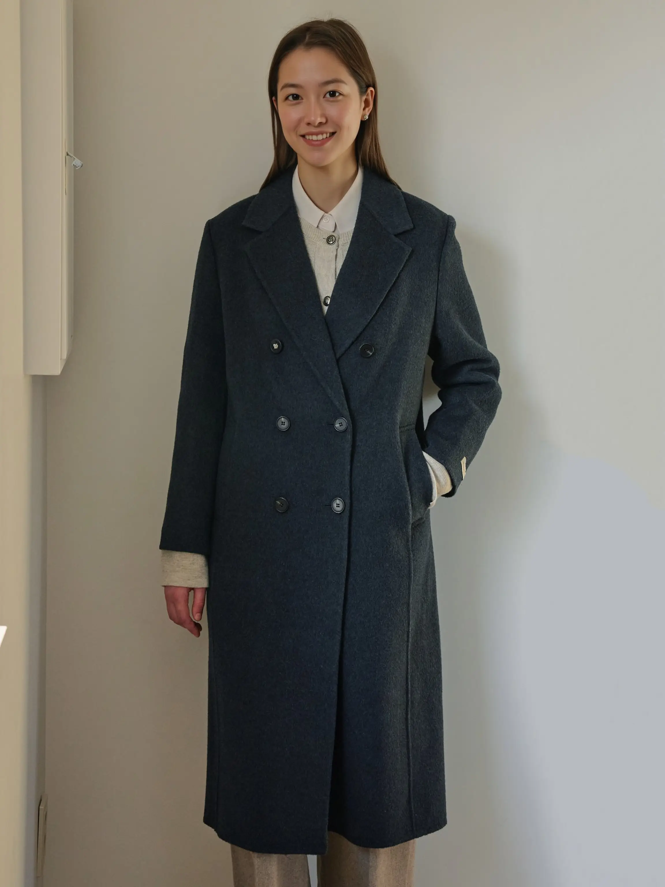 双排扣长款手工大衣(墨绿色)