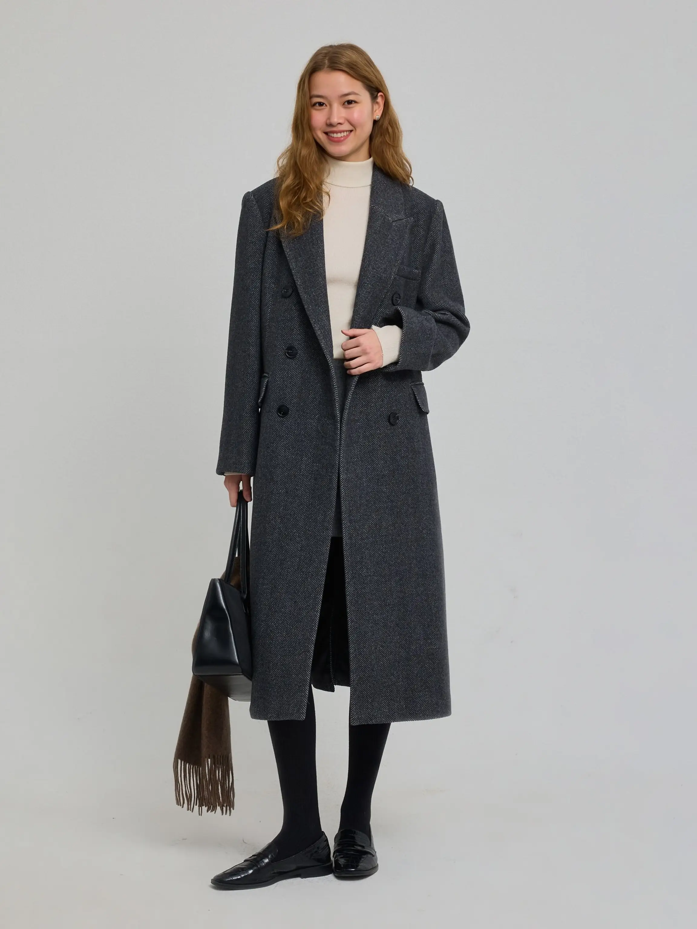 羊绒人字纹双层长款大衣(深灰色)