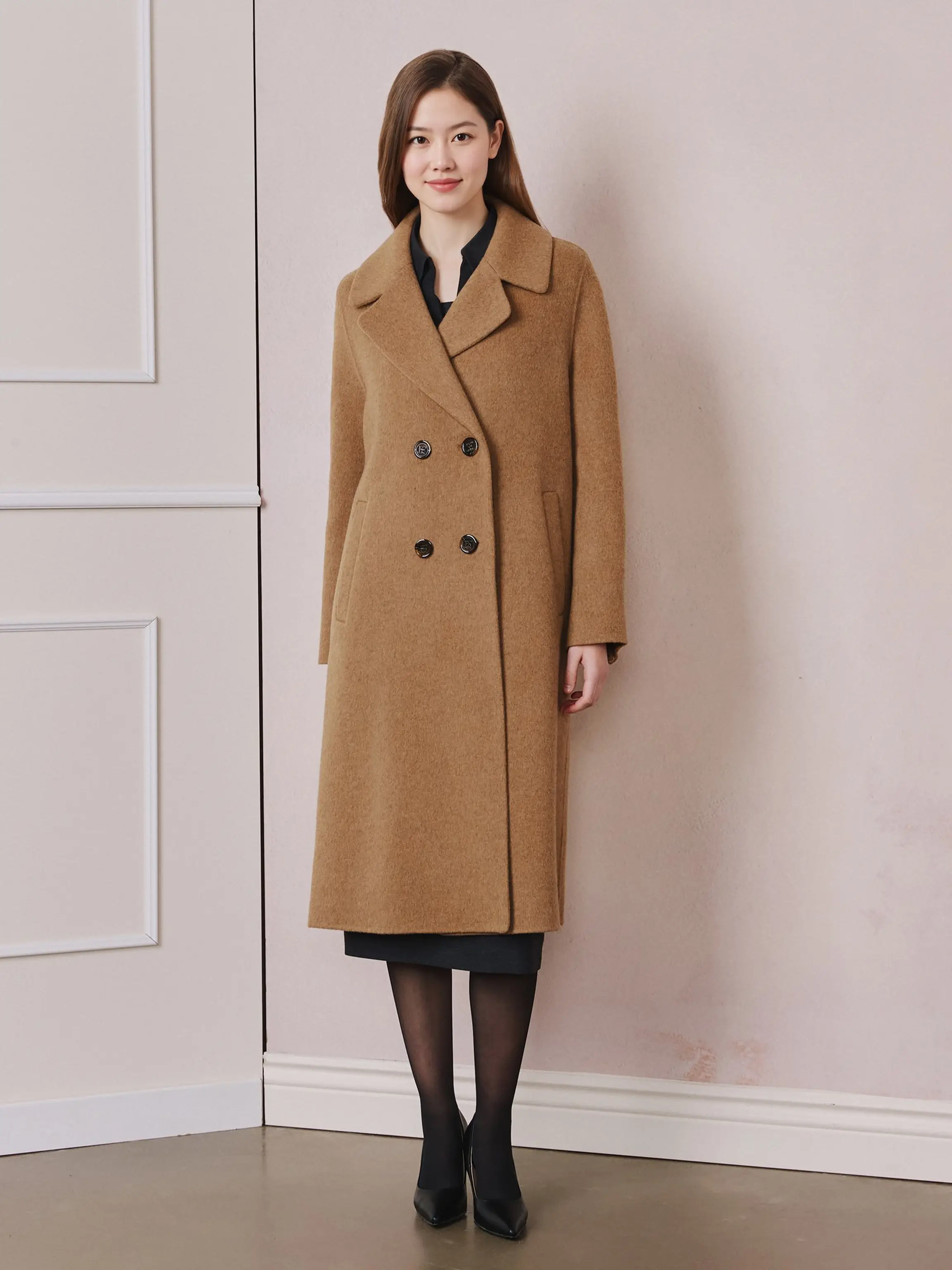 宽松羊毛双排扣手工大衣(骆驼色)