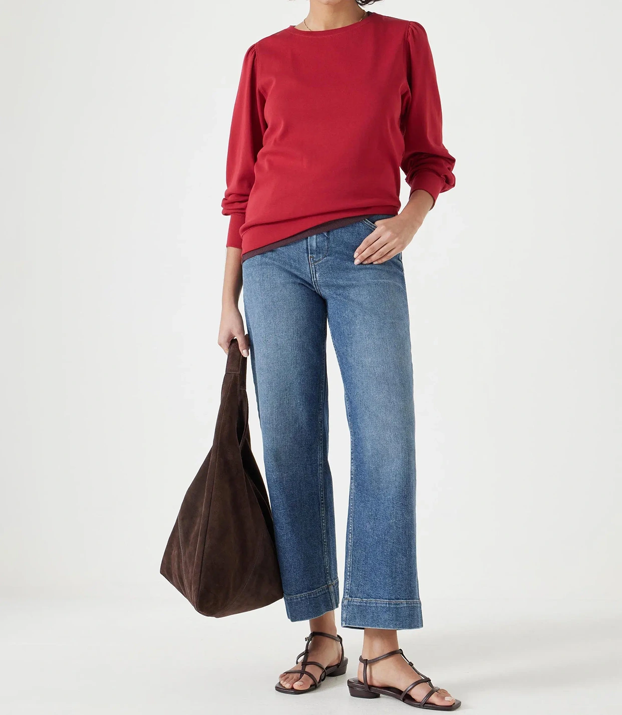 泡泡袖棉质针织上衣，亮红色