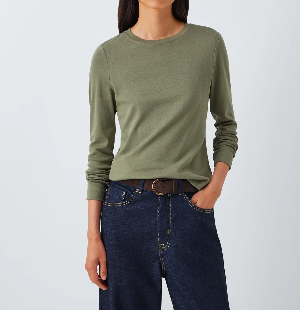 有机棉长袖圆领 T 恤，苔藓绿